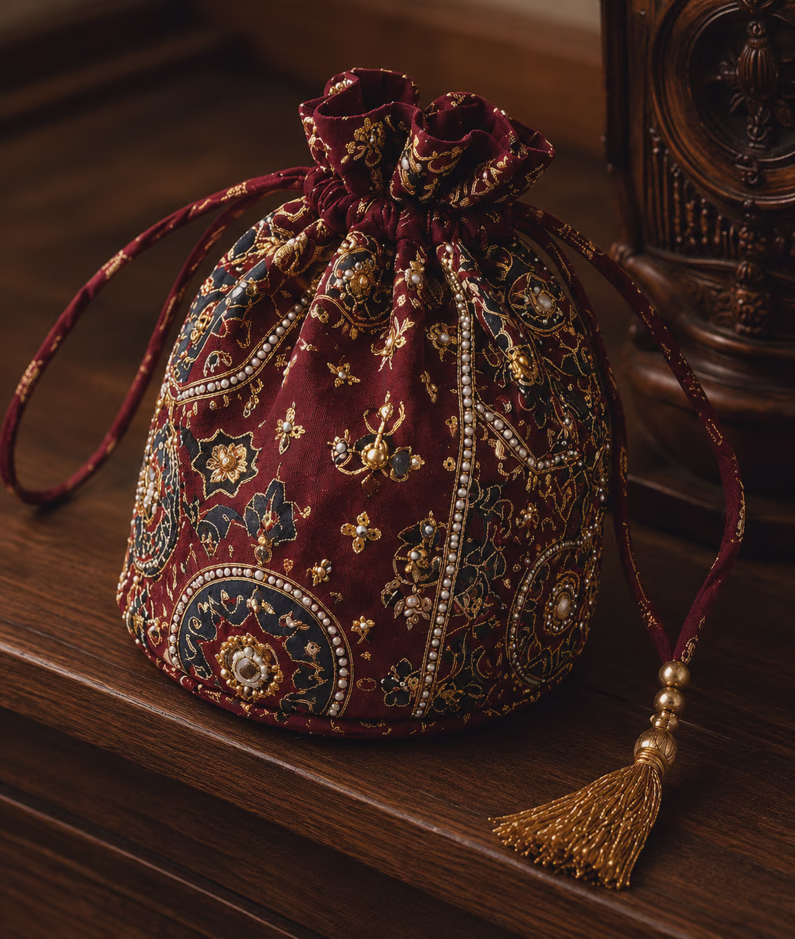 Maroon Embroidered Potli Bag with Bead and Pearl Work