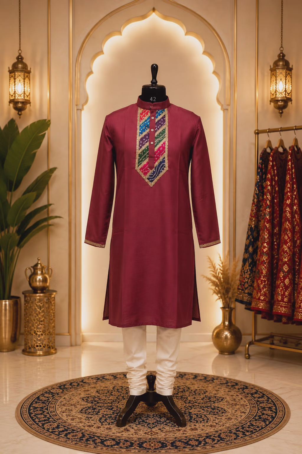 Maroon Silk Kurta with Multicolor Embroidered Placket