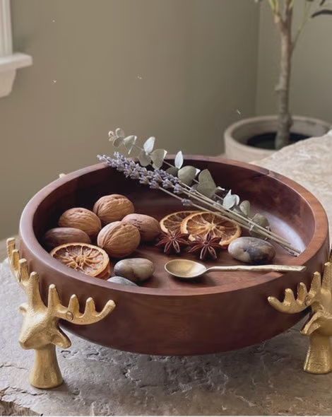 Wooden Decorative Bowl with Golden Deer Accents