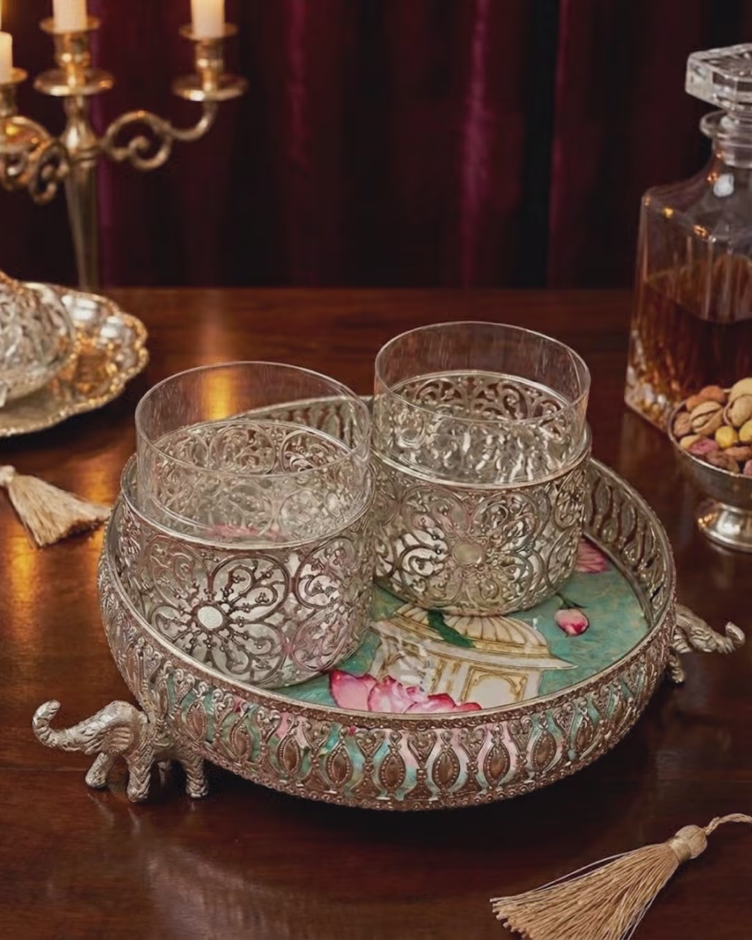 Royal Silver Decorative Tray Set with Glass Holders