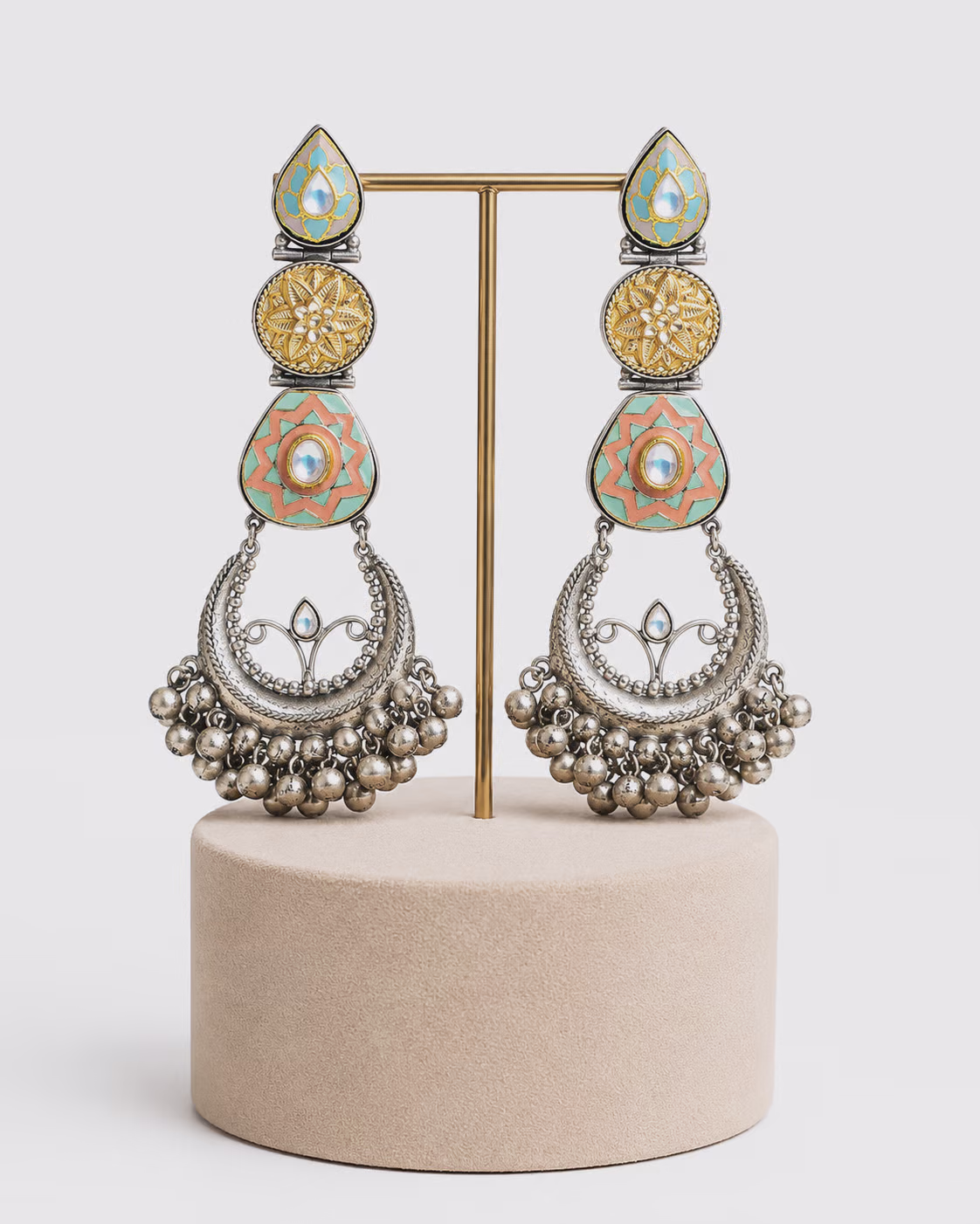 Multicolour Enamel and Silver-Tone Chandbali Earrings