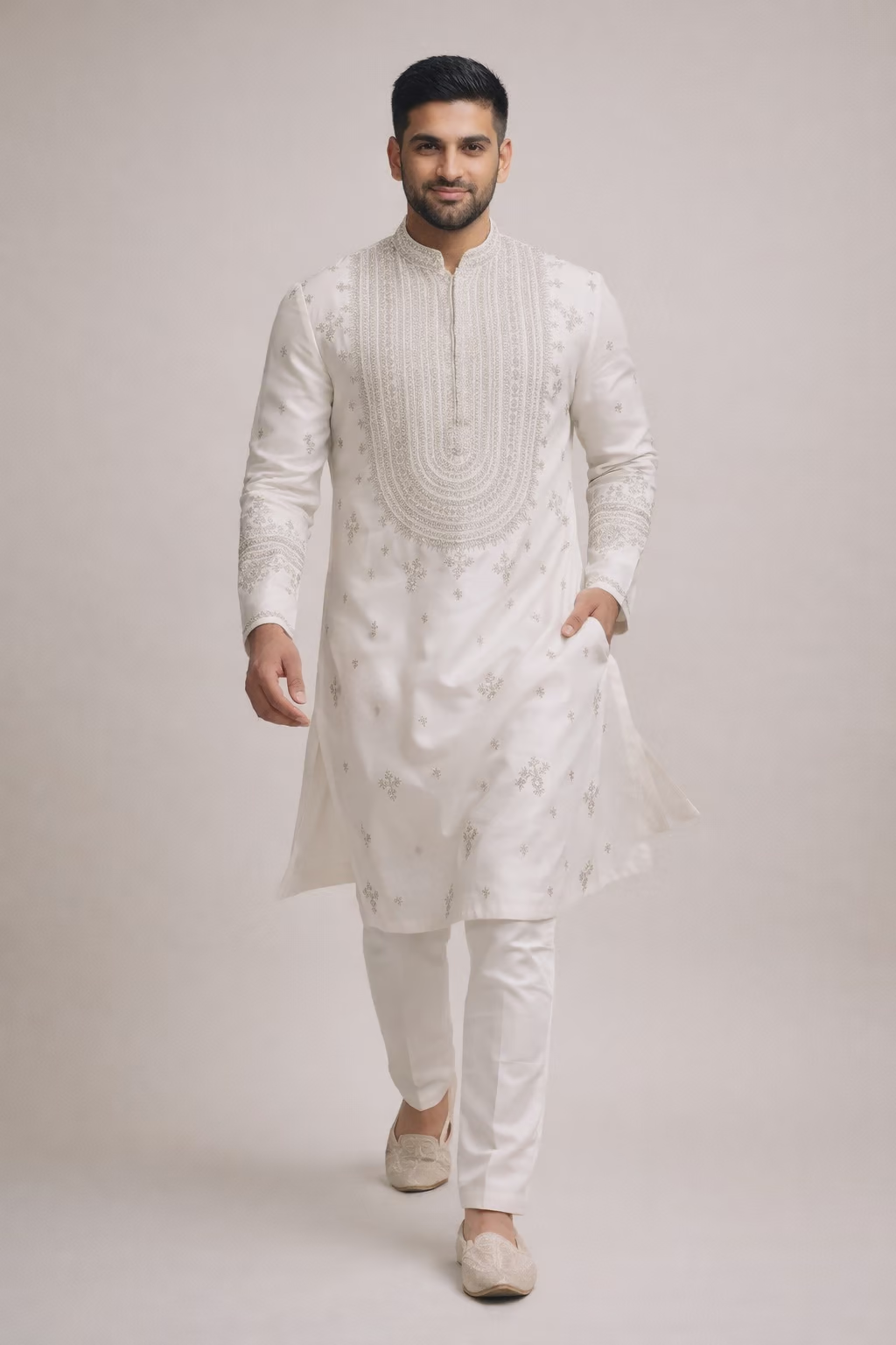 Ivory Embroidered Cotton Kurta Pajama Set