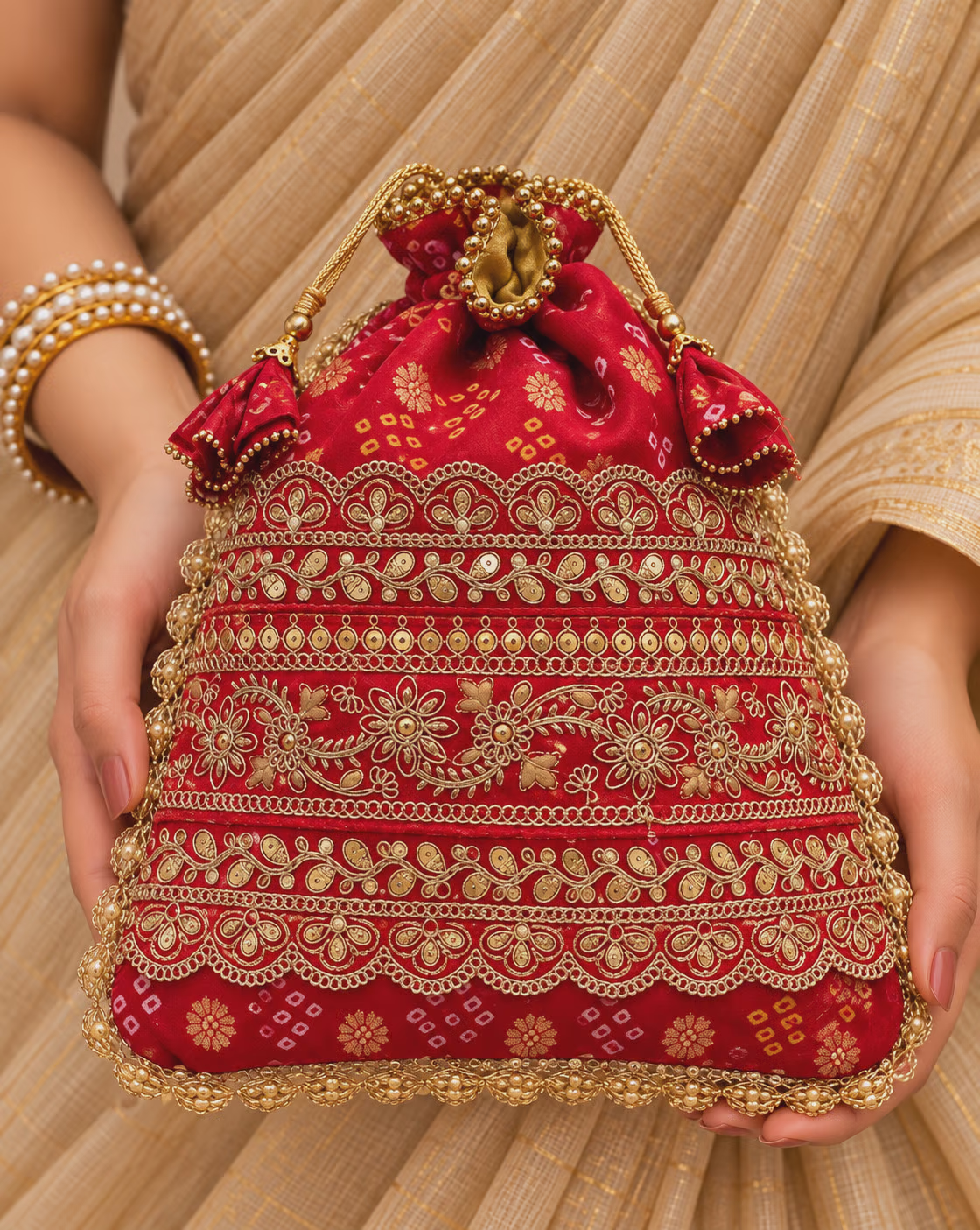 Red Embroidered Potli Bag with Golden Beadwork