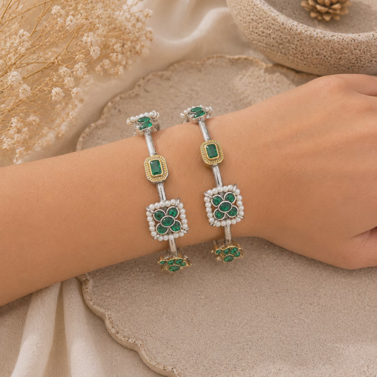 Silver Plated Bangles with Green Stone and Pearl Detailing