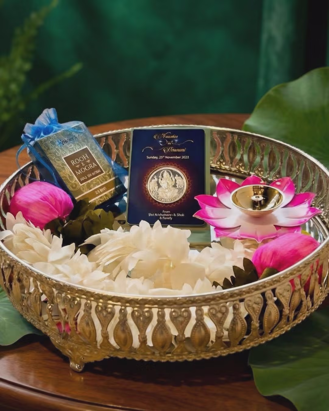 Ornate Metal Decorative Gift Hamper Tray with Lotus Accents