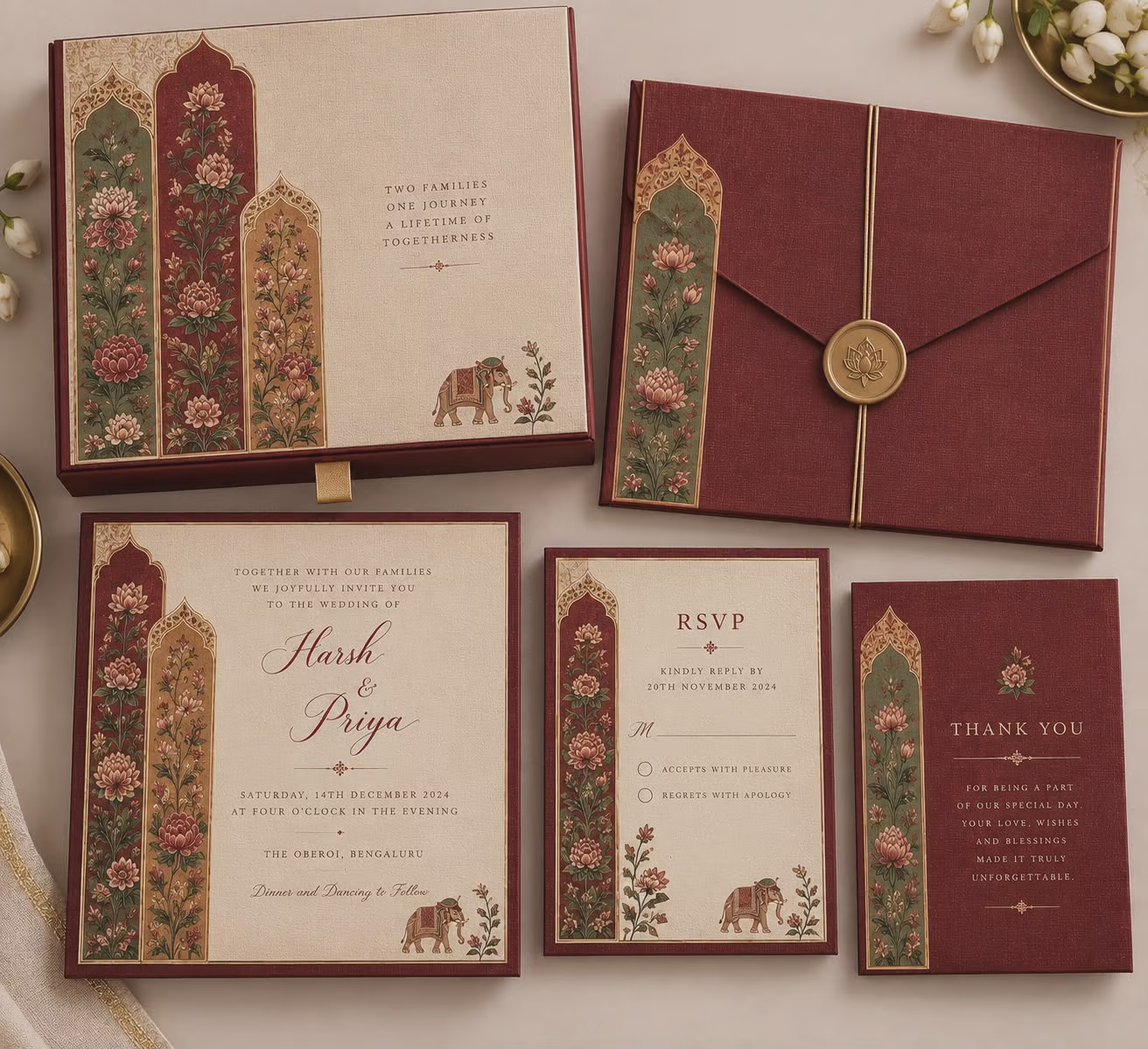 Floral Wedding Invitation Set with Elephant Motif