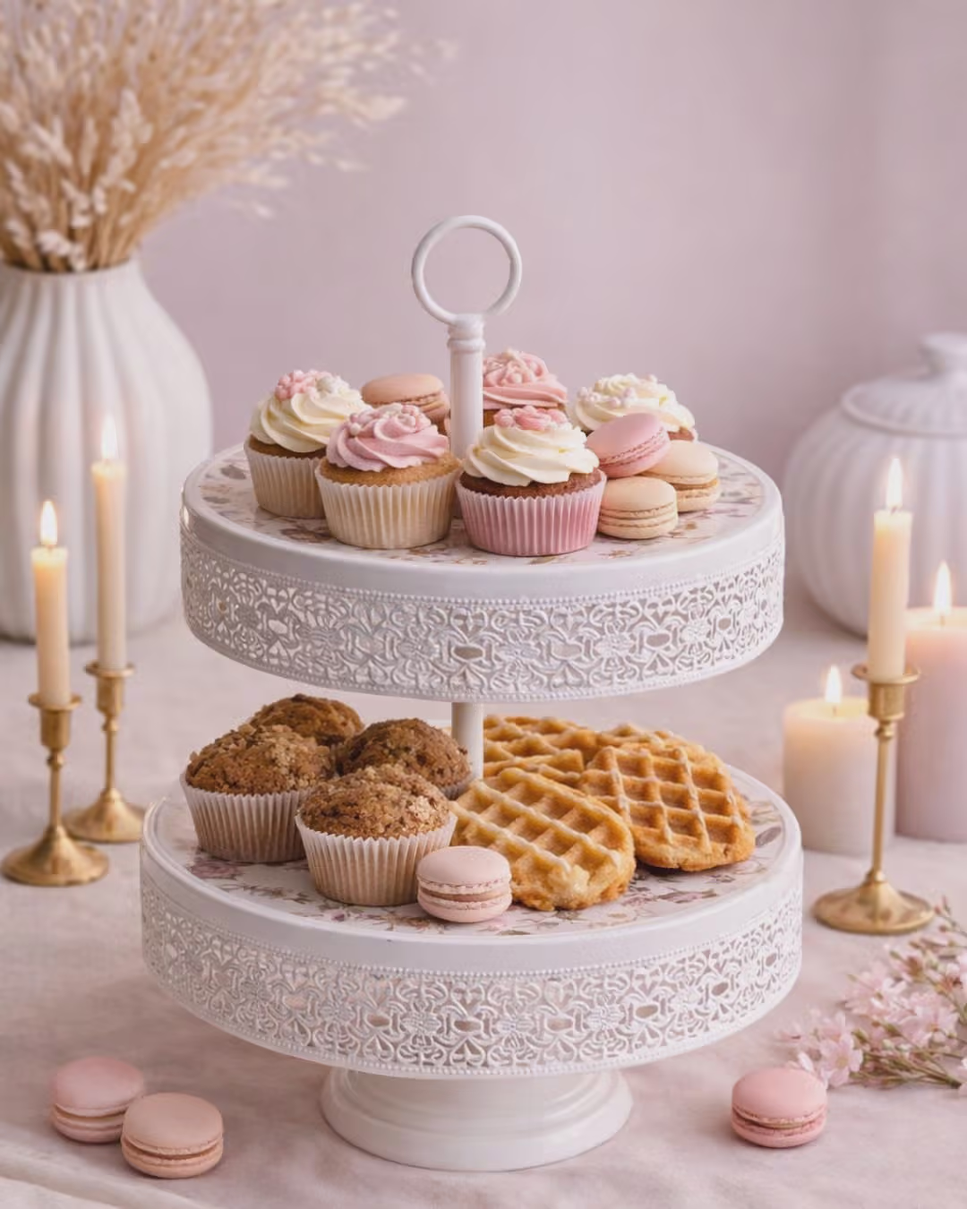 Tiered Dessert Assortment on Ornate Ceramic Stand