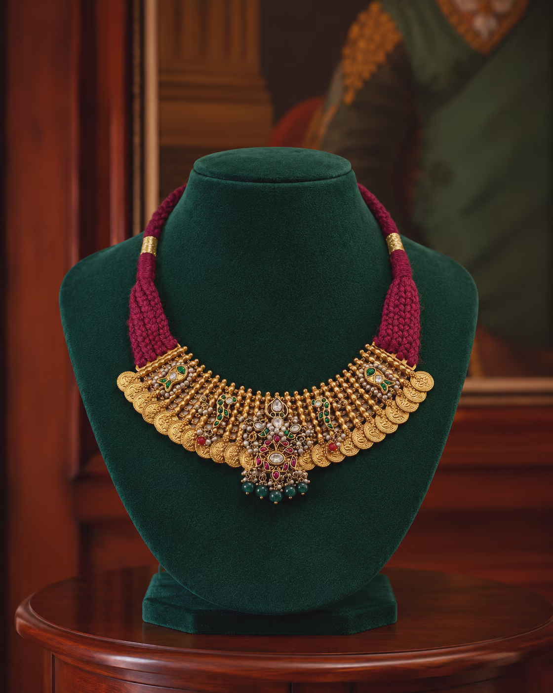 Gold Coin Necklace with Gemstone Detailing