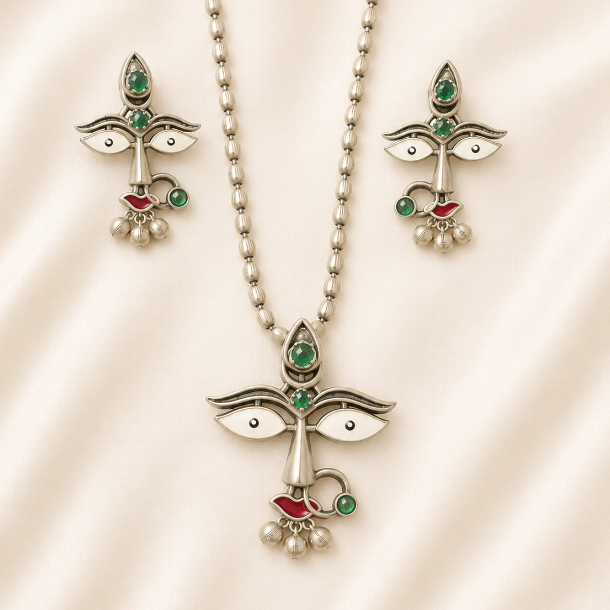 Silver Durga Motif Necklace and Earrings Set