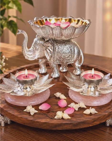 Silver Elephant Decorative Set with Lotus Candle Holders