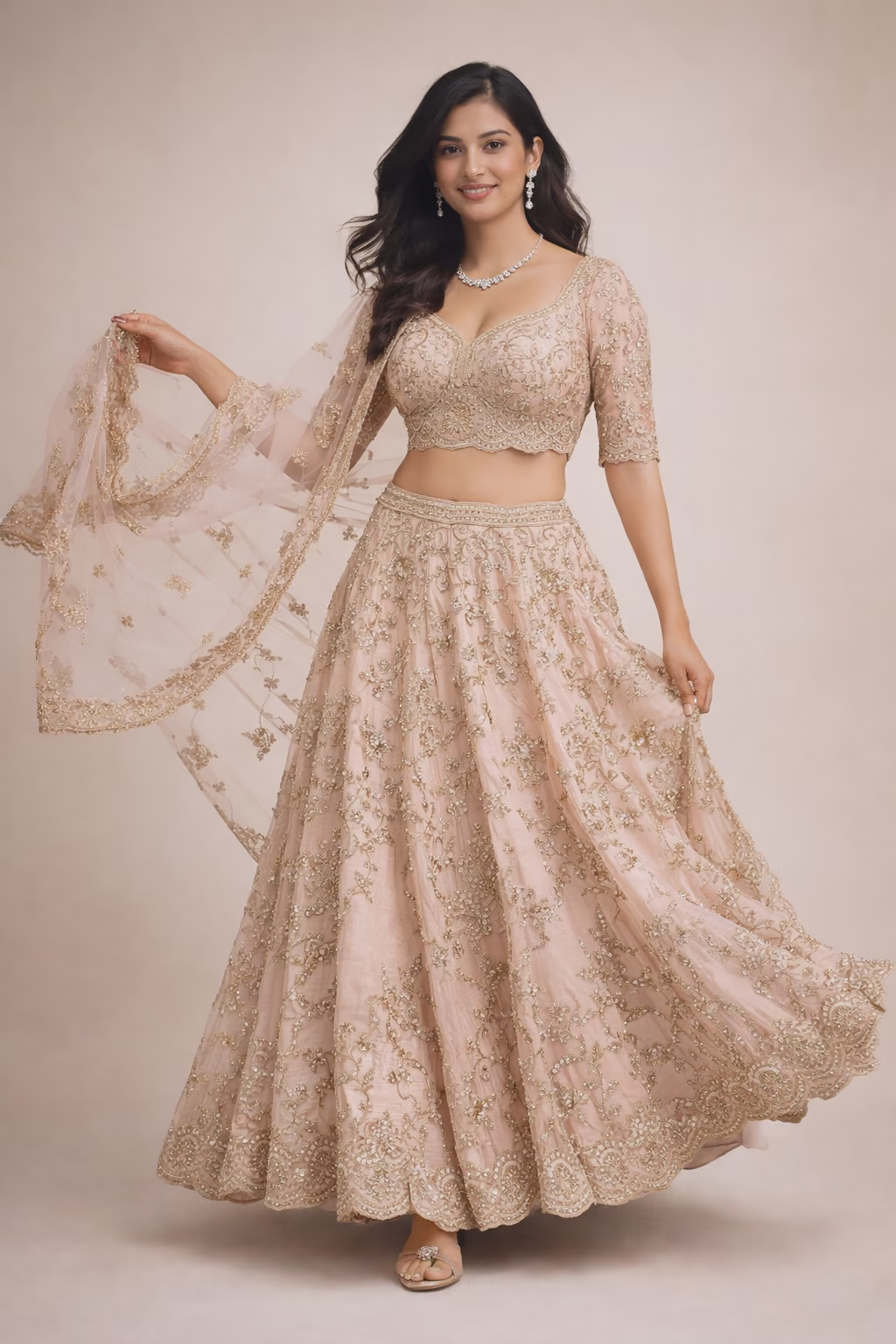 Blush Pink Embroidered Net Silk Lehenga Choli