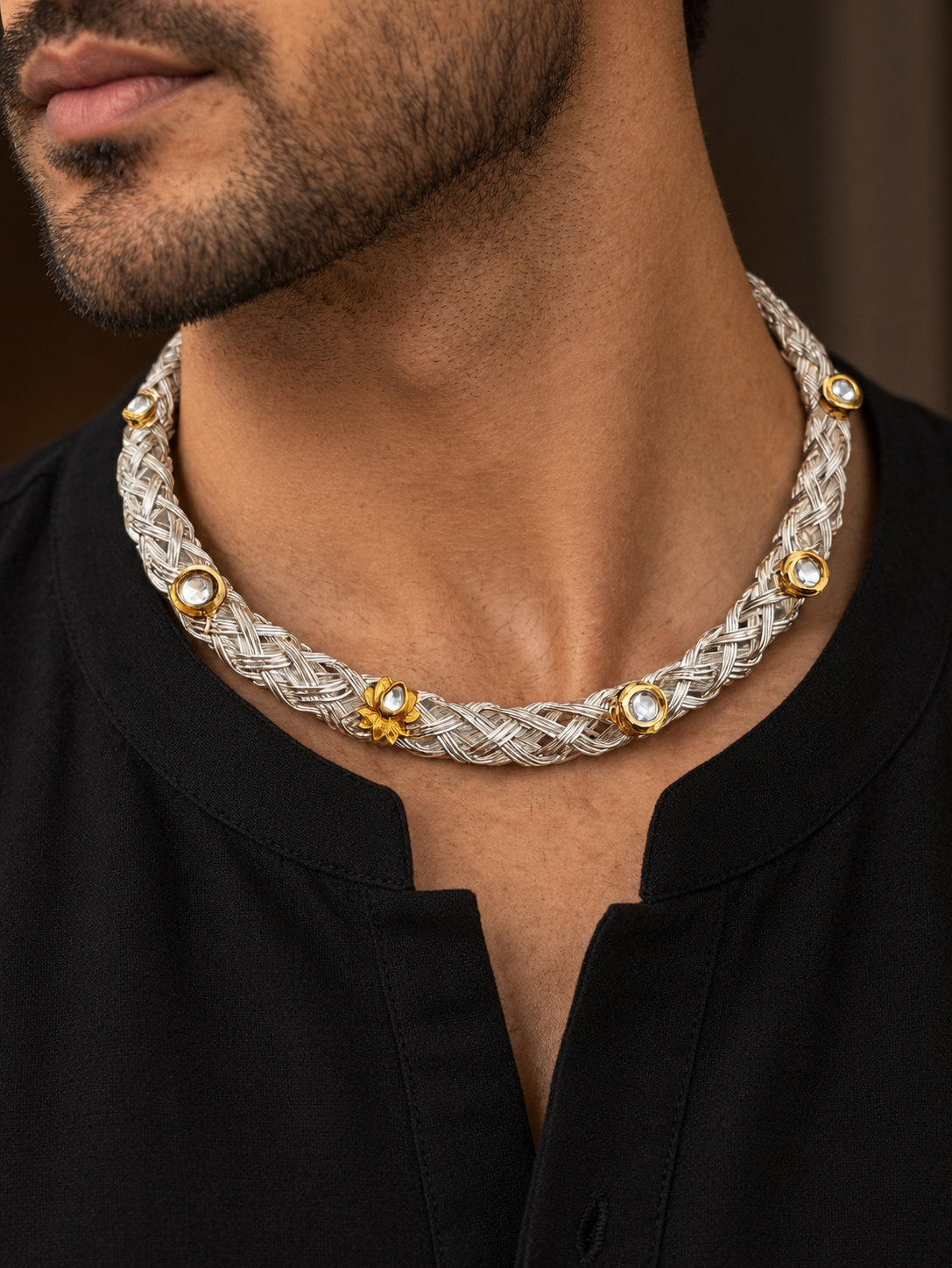 Oxidised German Silver Plated Unisex Kundan Hasli Neckring