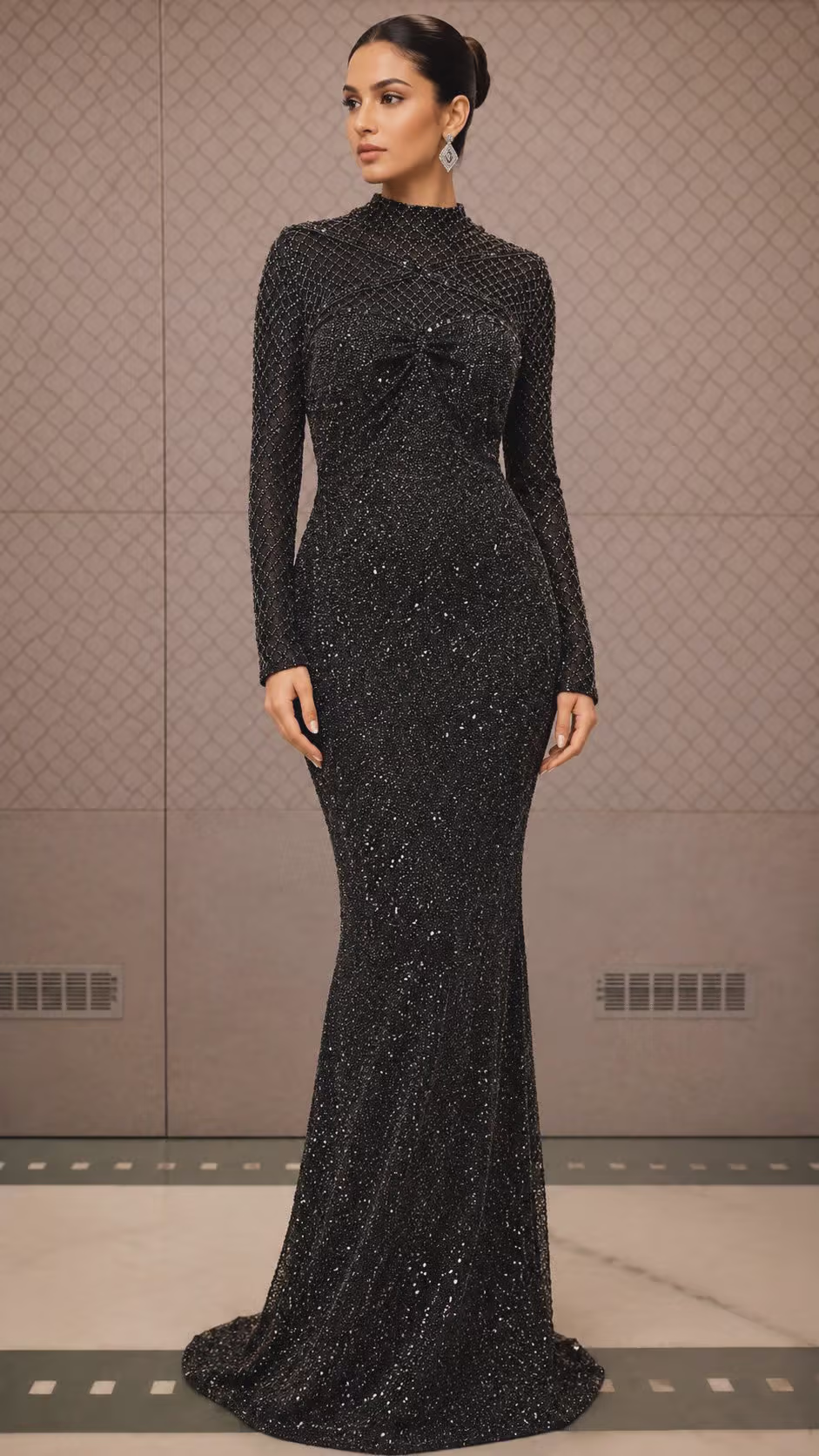 Black Sequined Full-Length Evening Gown
