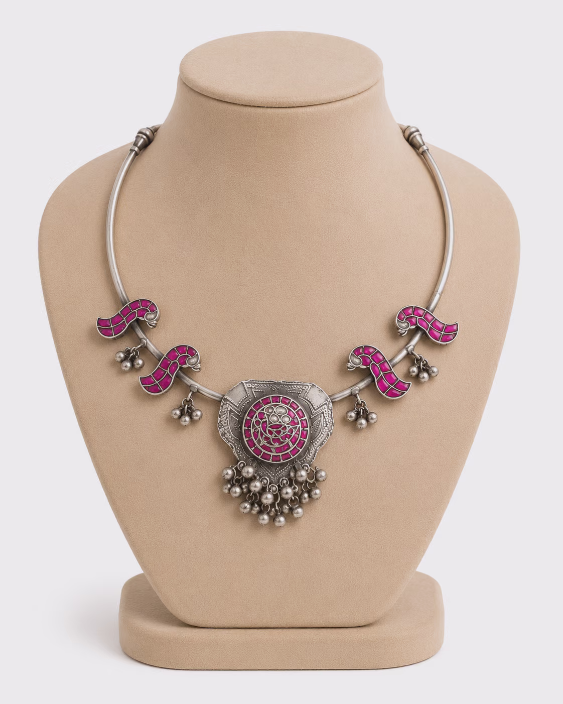 Oxidised Silver Necklace with Pink Enamel Work