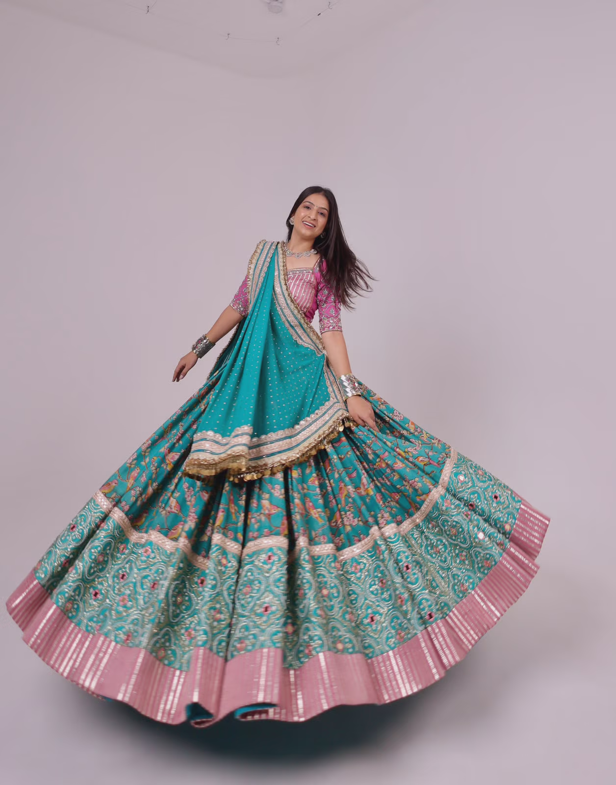 Teal and Pink Embroidered Lehenga Choli