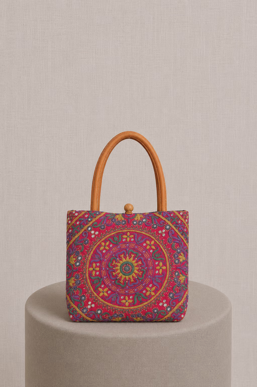 Multicolour Embroidered Fabric Handbag with Wooden Handle