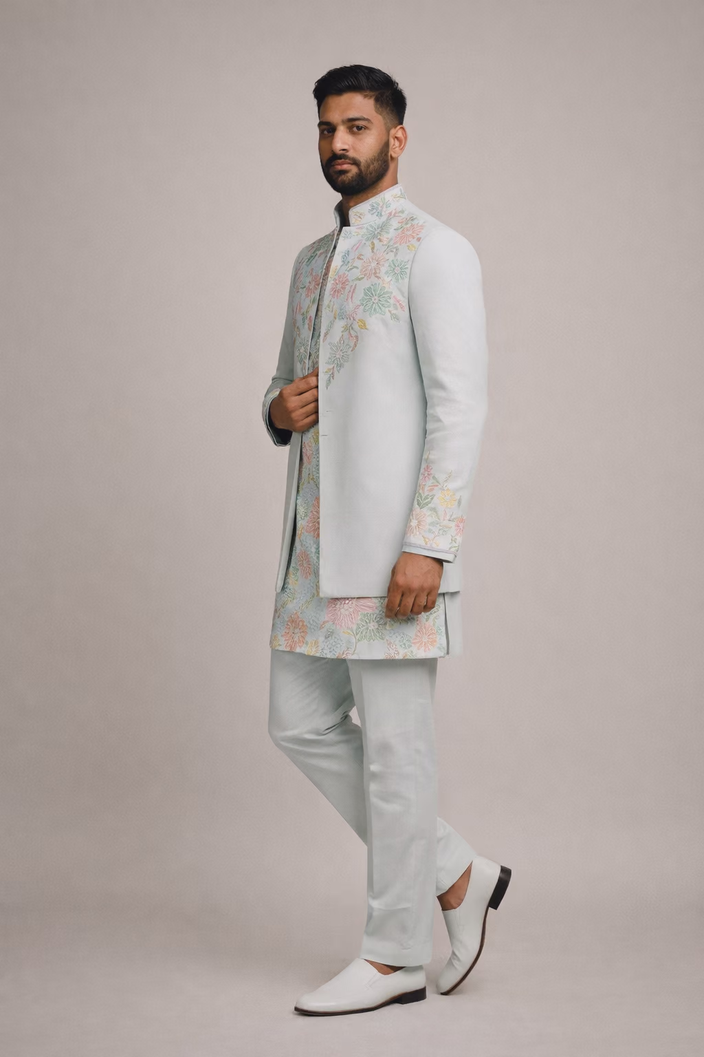 Pastel Embroidered Kurta Jacket Suit