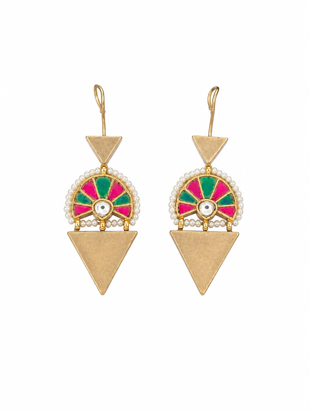 Geometric Kundan and Pearl Dangle Earrings