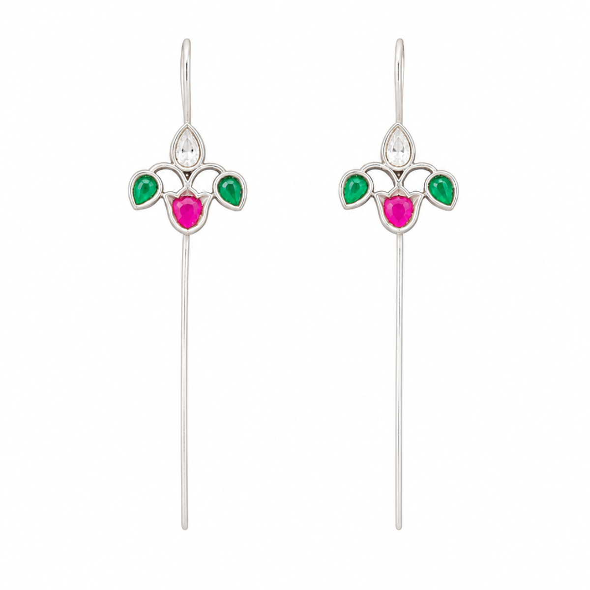 Silver Drop Earrings with Green and Pink Stonework