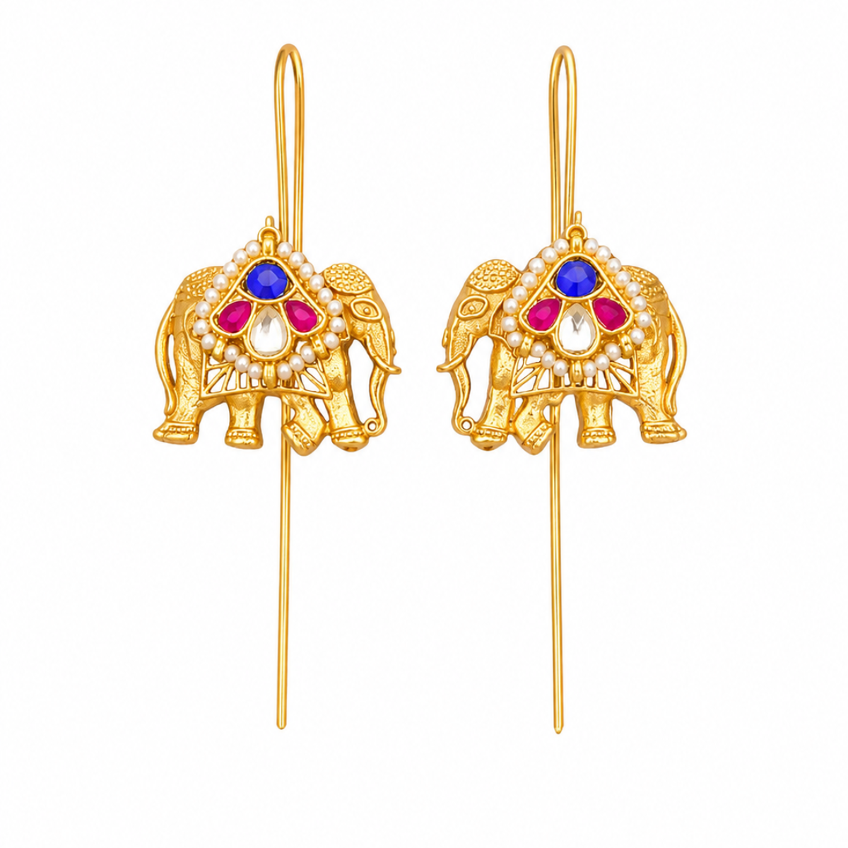 Gold Elephant Motif Earrings with Kundan and Pearl Detail