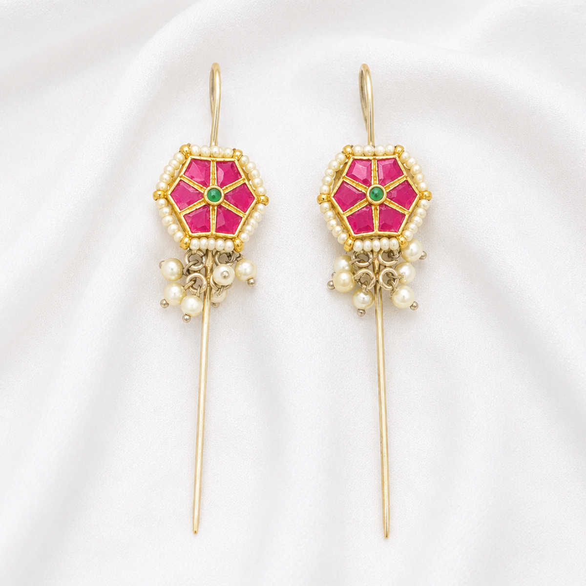 Gold and Pink Meenakari Hair Pins with Pearl Drops