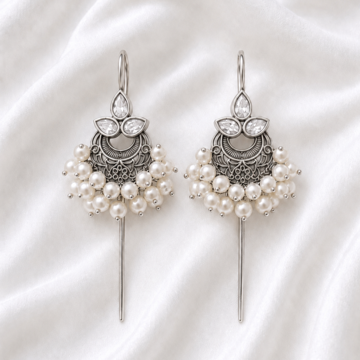 Oxidised Silver Pearl Jhumka Hair Pins with Colored Stone Tops