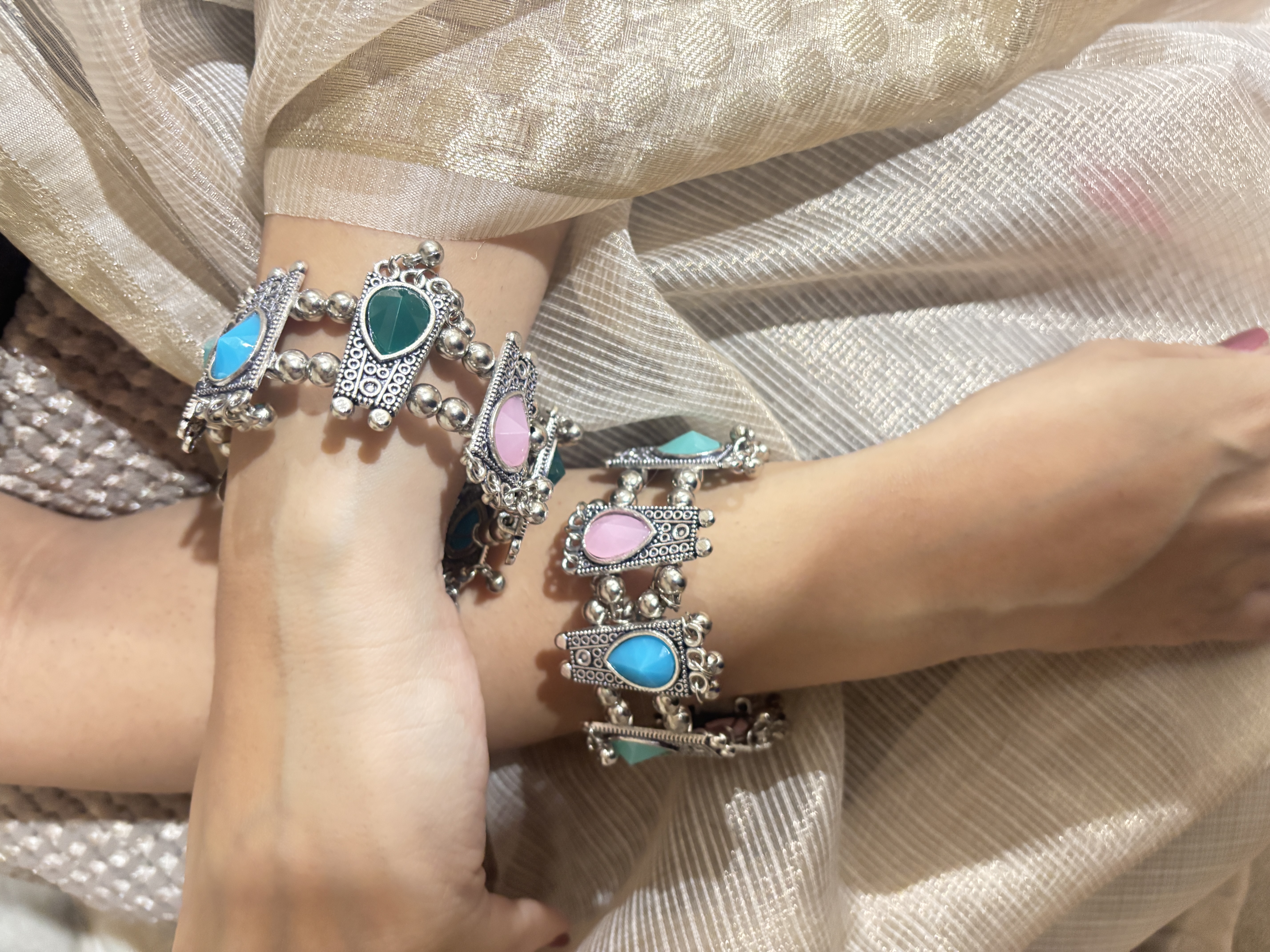 Openable Antique German Silver Bangles | Adjustable Tribal Bangles with Color Stones | Boho Ethnic Bracelets | Handmade Jewelry