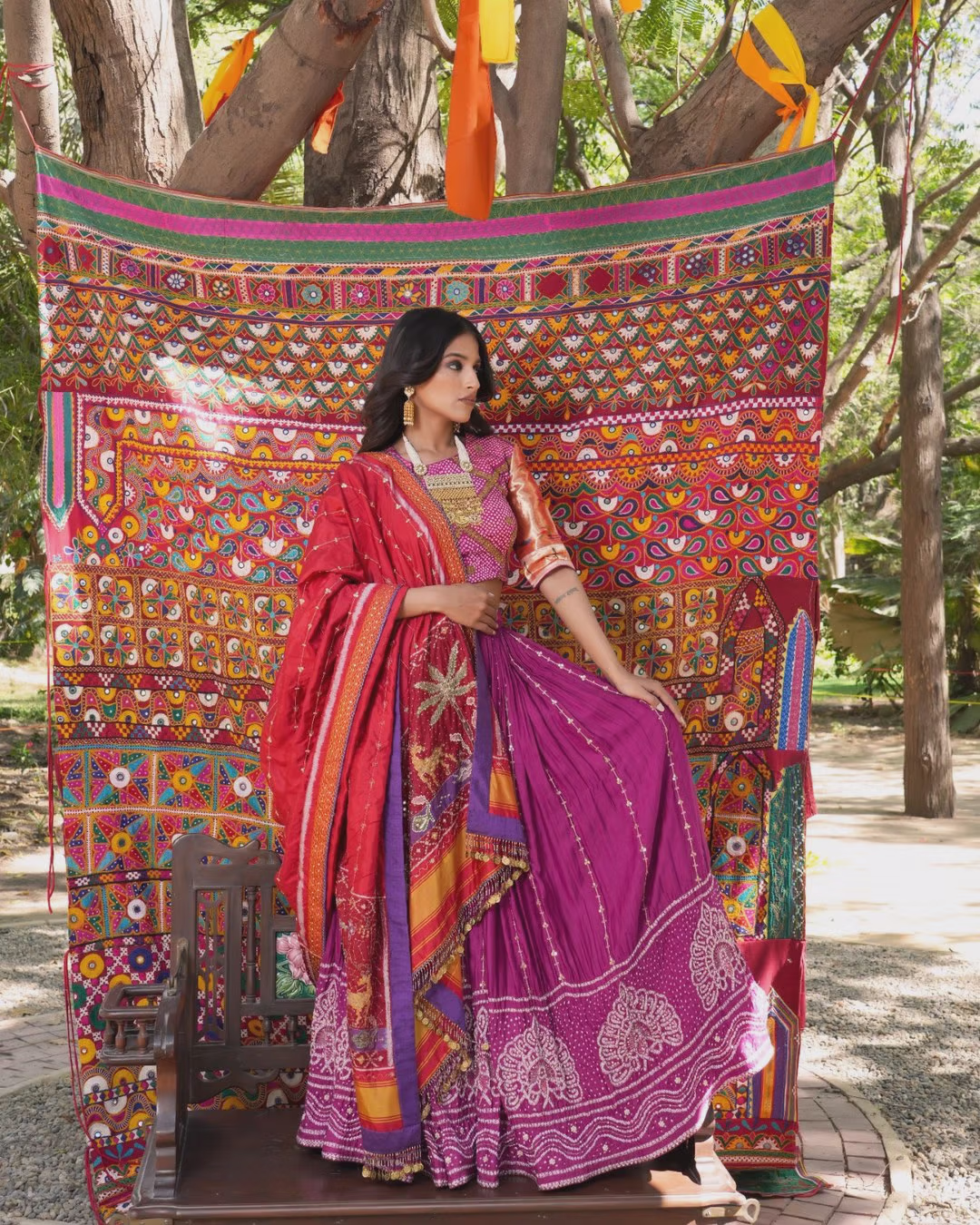 Purple and Red Cotton Blend Lehenga Choli with Heavy Embroidery
