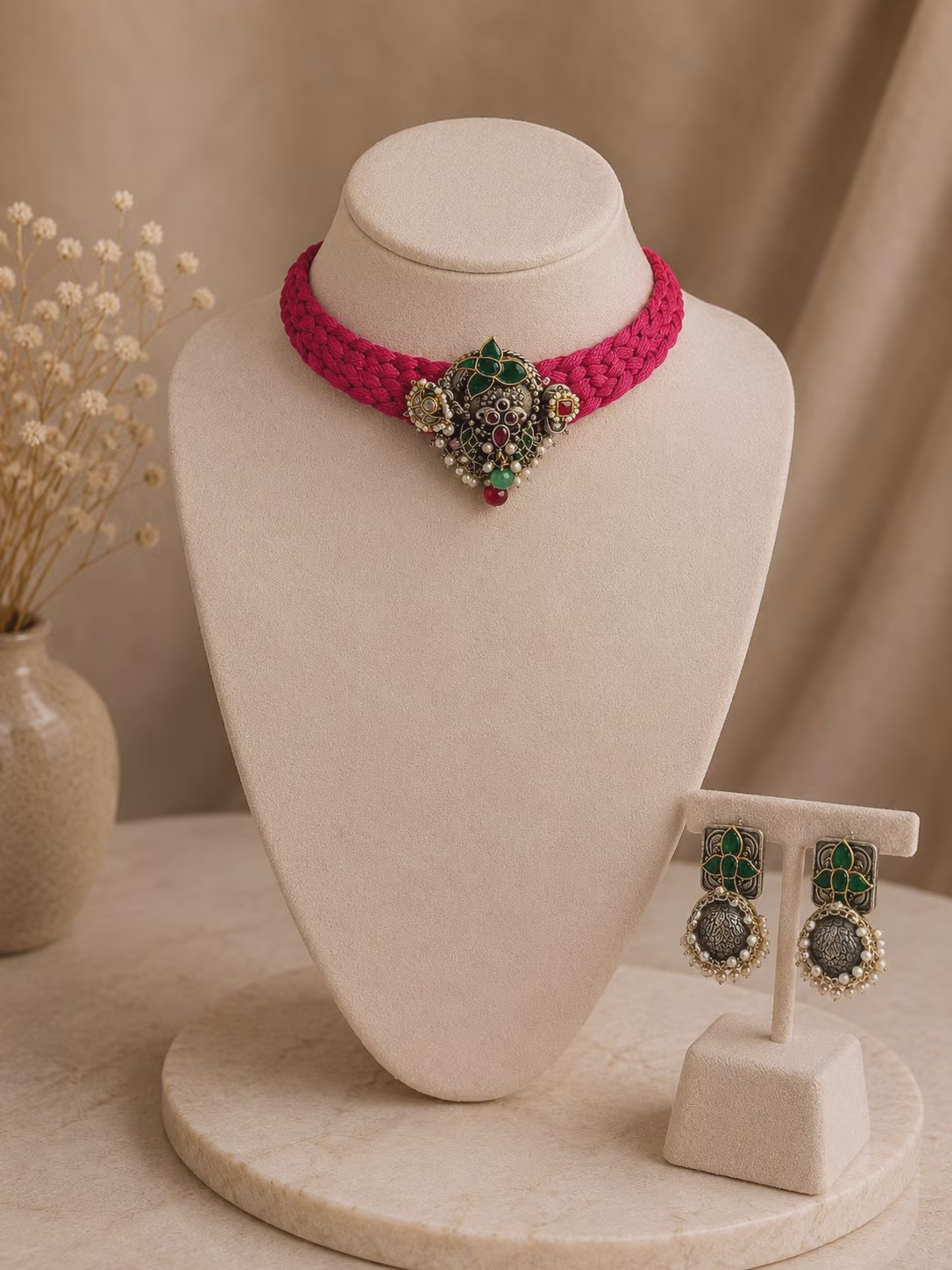 Pink Braided Choker Necklace and Earrings Set with Stone and Bead Work