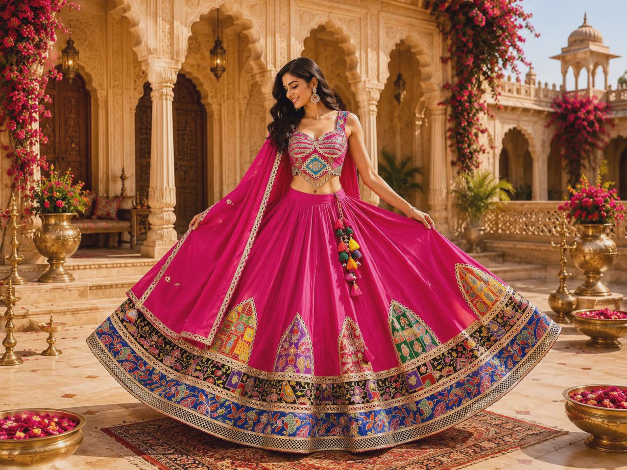 Fuchsia Silk Lehenga Choli with Multicolor Embroidered Motifs