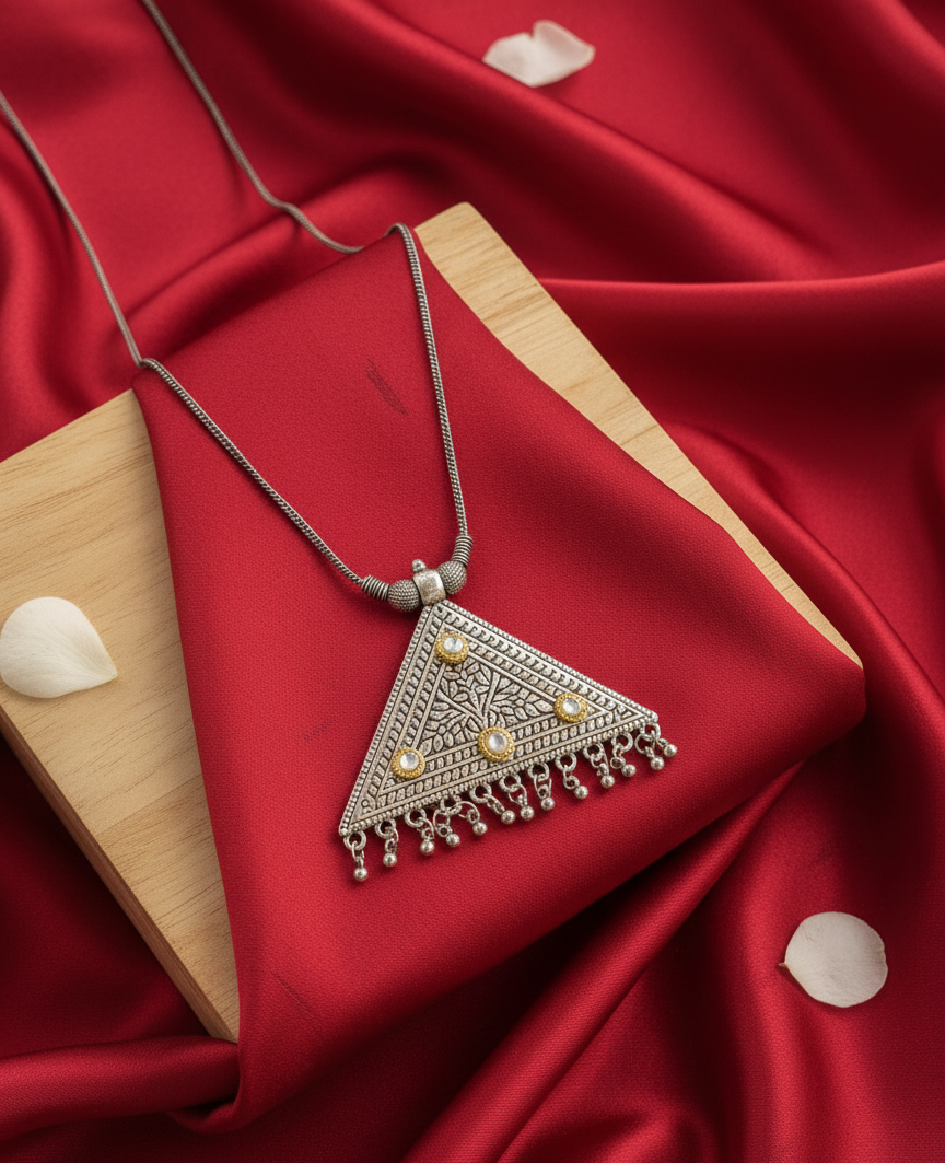 Oxidised German Silver Plated Dual Tone Triangular Pendant for Women