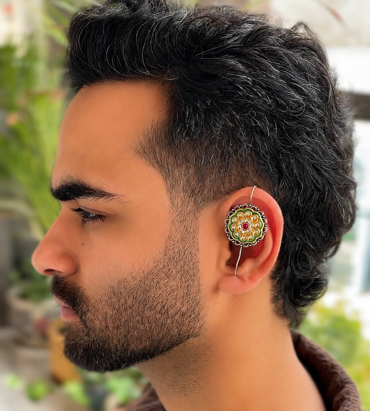 Handcrafted Oxidised German Silver Men’s Earcuff with Kundan Detailing | Statement Ear Jewelry for Men