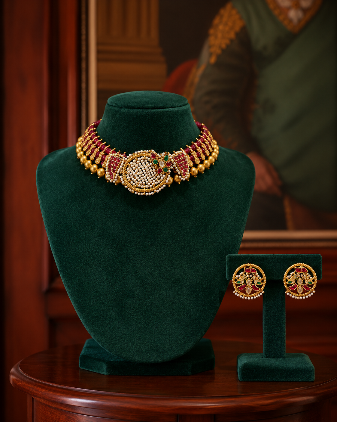 Gold and Ruby Choker Necklace Set with Earrings