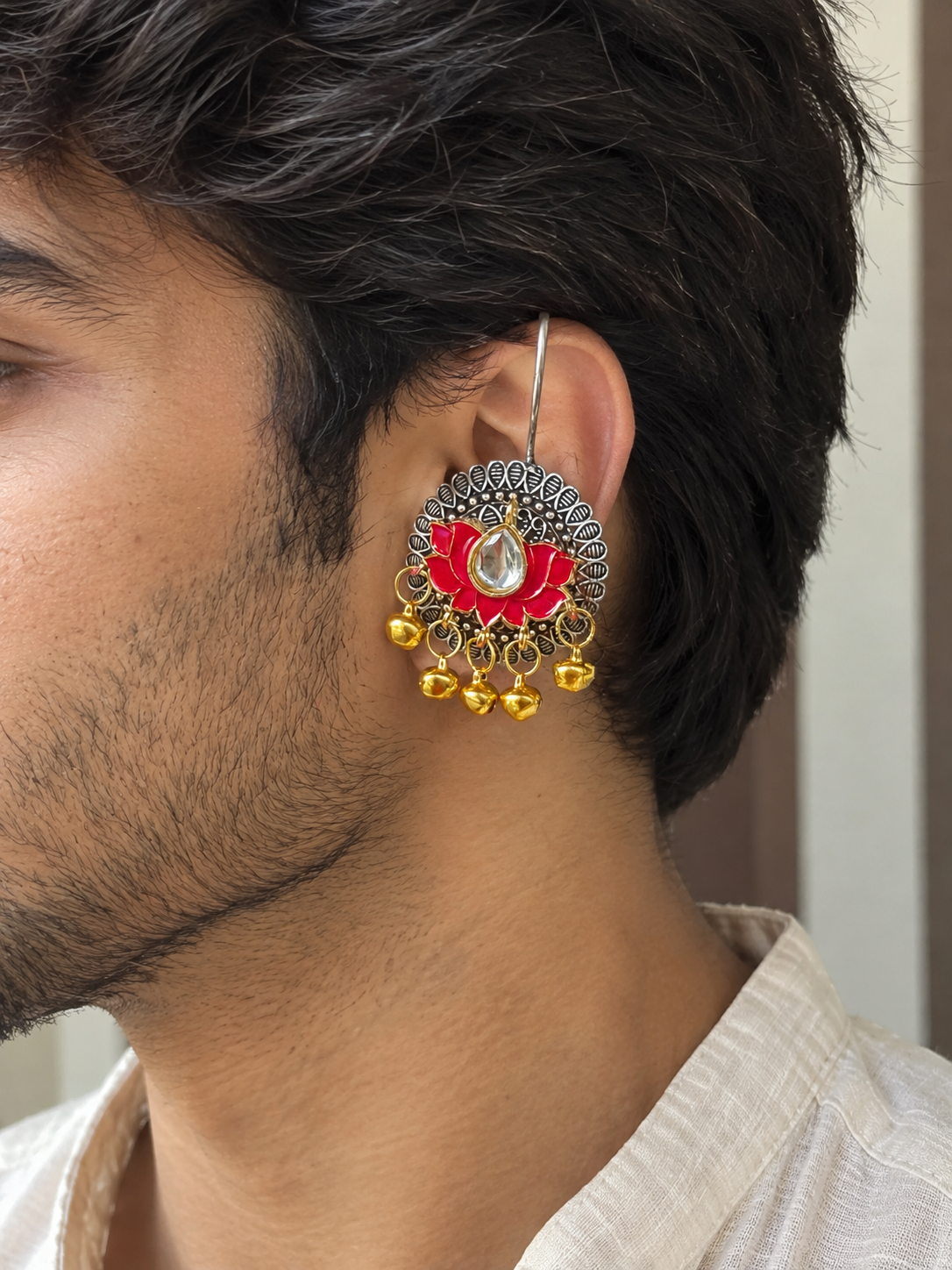 Handcrafted Oxidised Silver Women and Men’s Earcuff with Kundan Detailing | Statement Ear Jewelry for Men