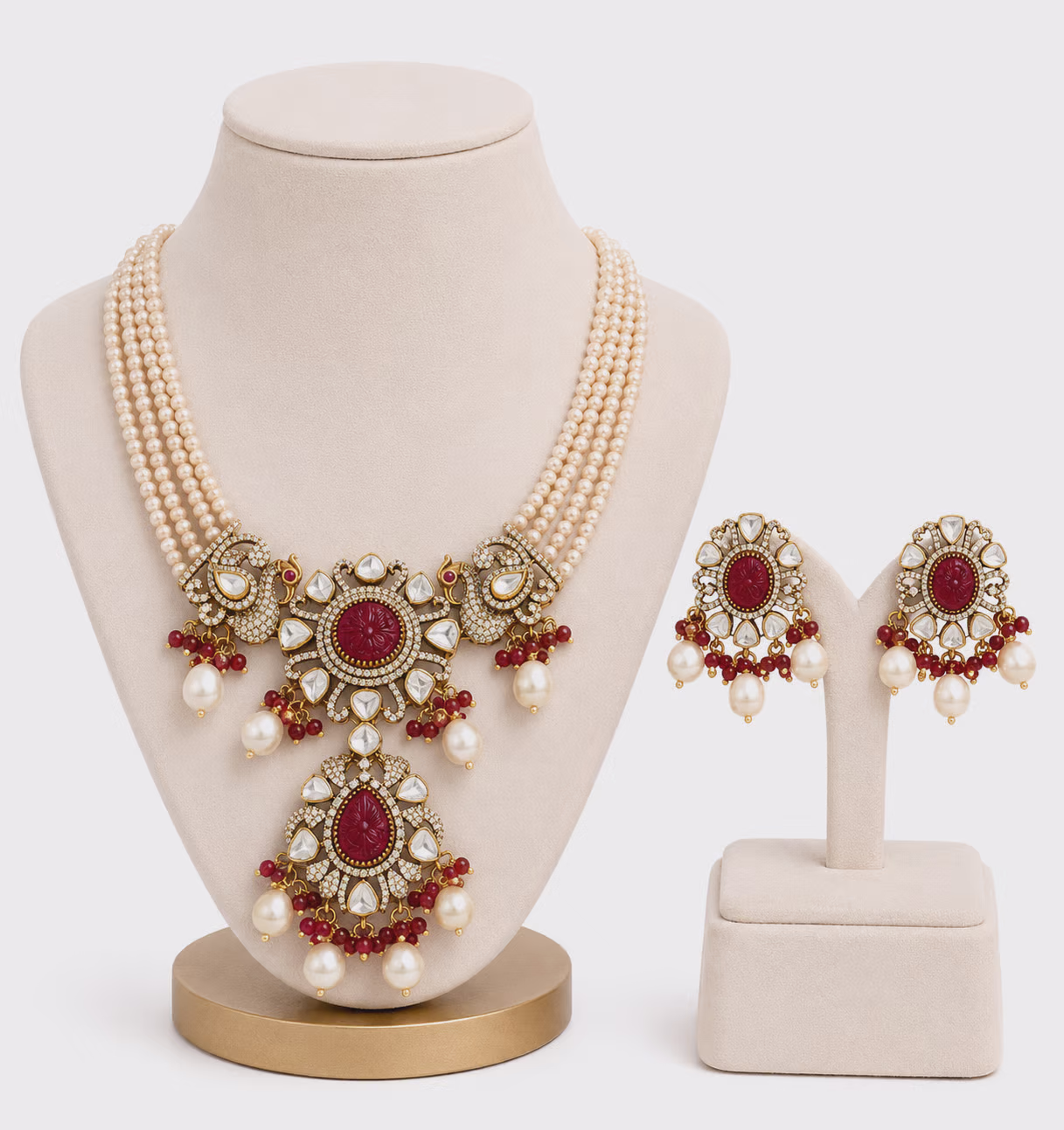 Pearl and Kundan Necklace Set with Red Stone Detailing