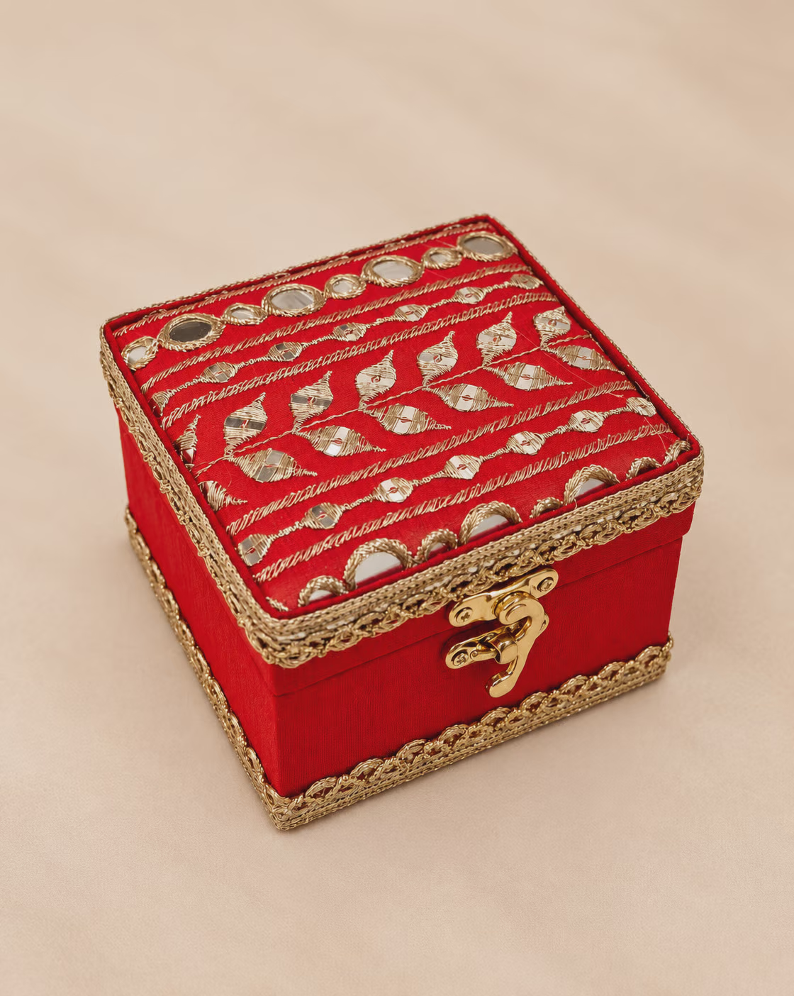 Red Bangle Box with Mirror and Zari Work