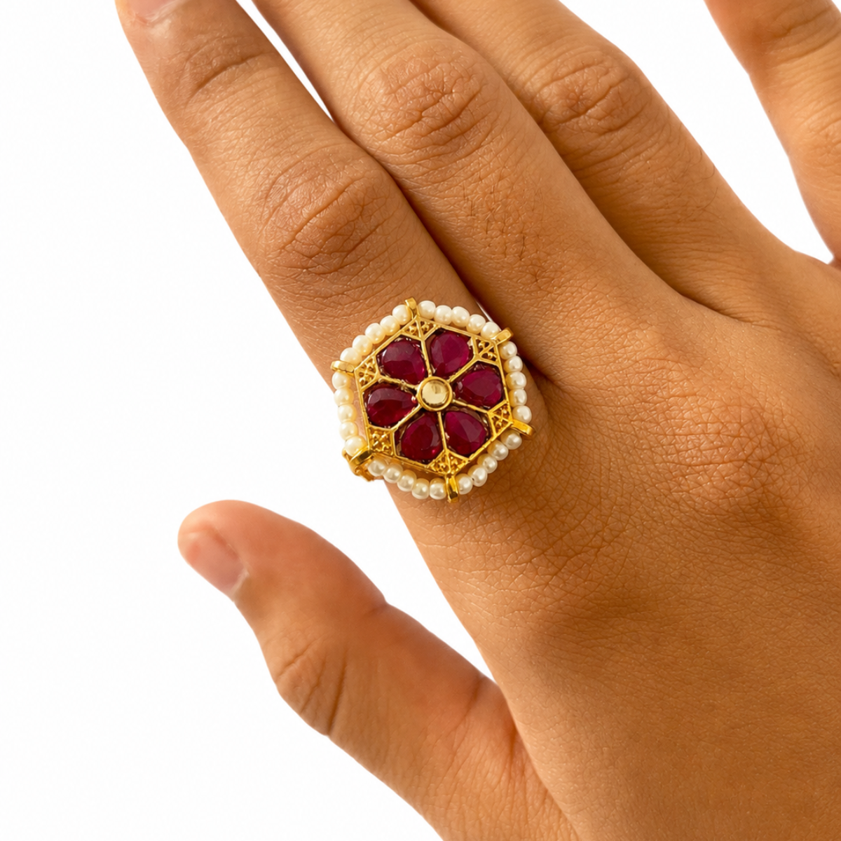 Gold Plated Kundan and Pearl Floral Ring