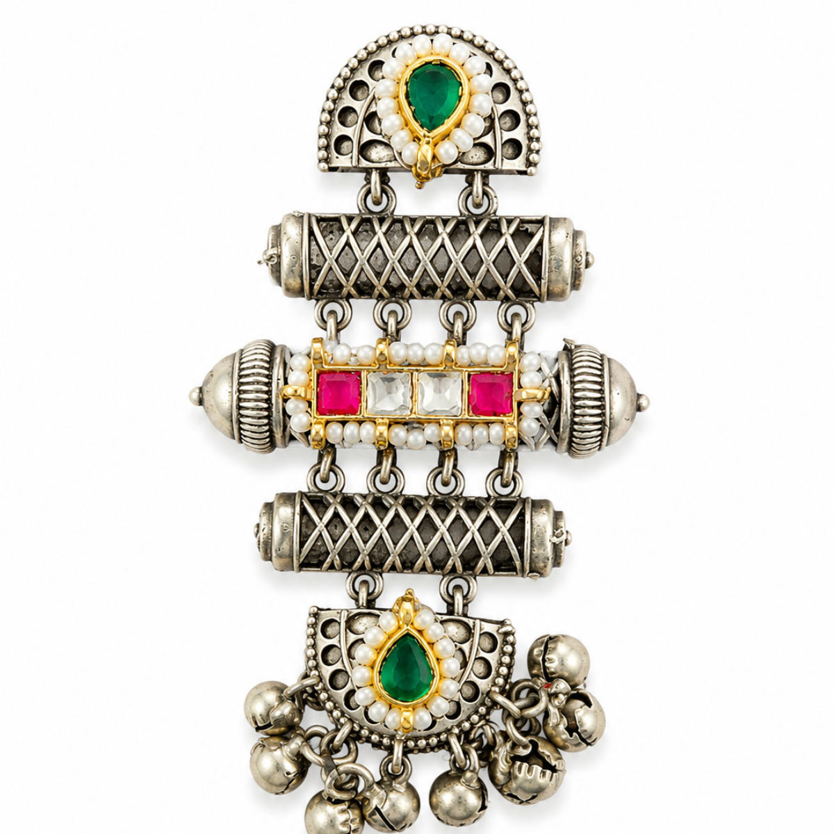 Oxidised Silver Ring with Kundan and Pearl Detailing