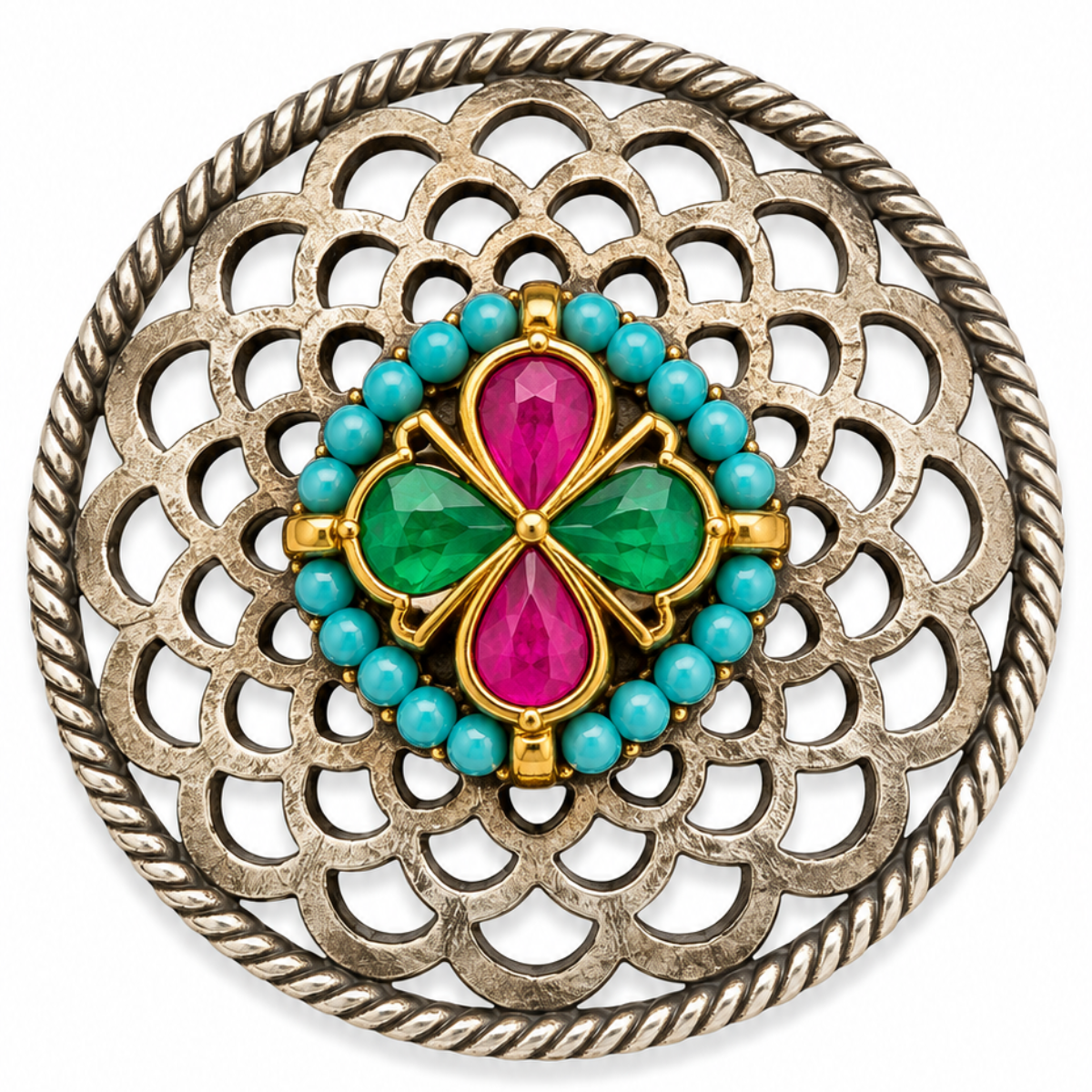 Antique Silver Ring with Colored Stone and Beadwork