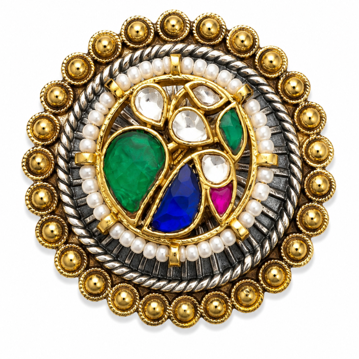 Kundan and Pearl Circular Ring with Multicolour Stones