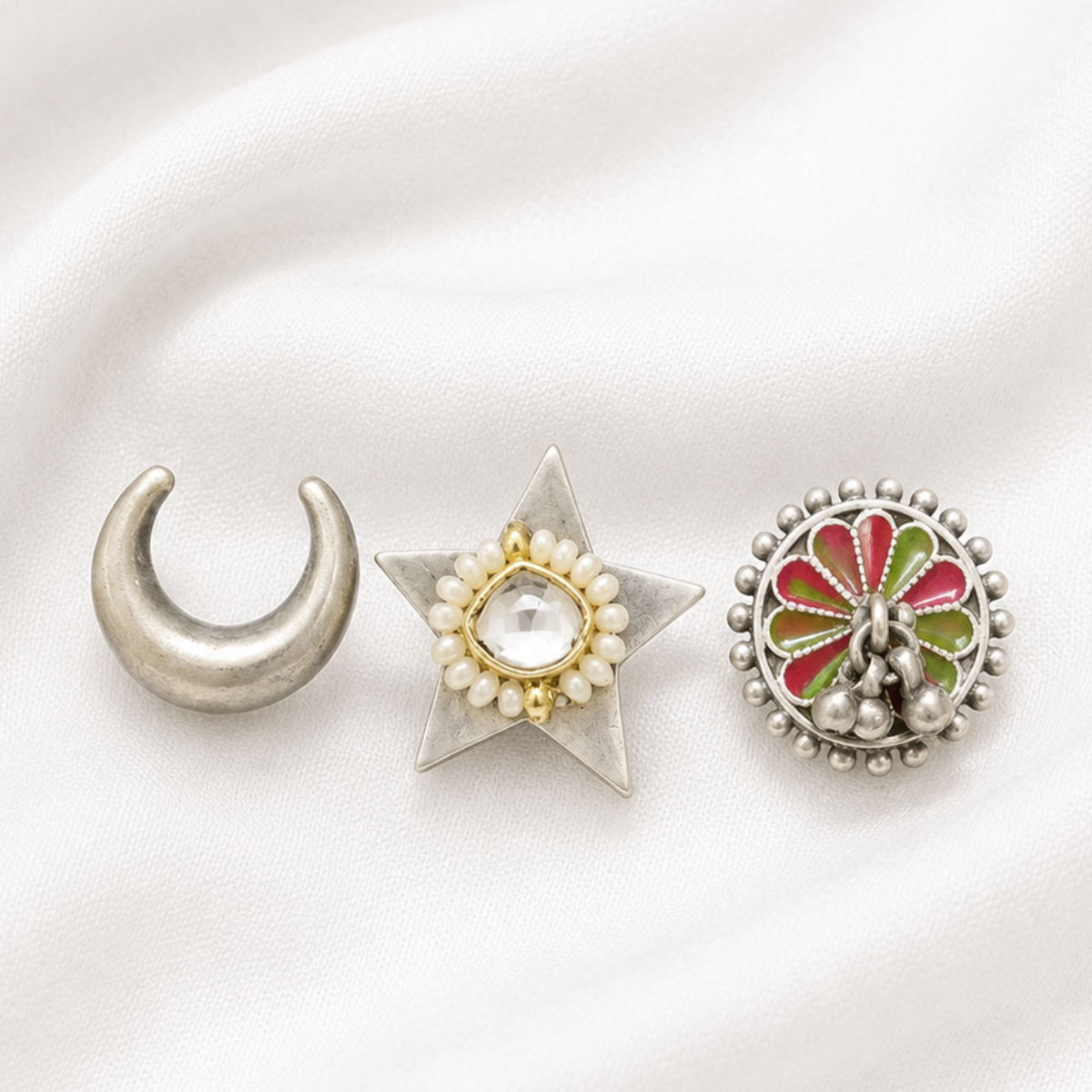 Oxidised Silver Ring Set with Star, Moon, and Enamel Motif