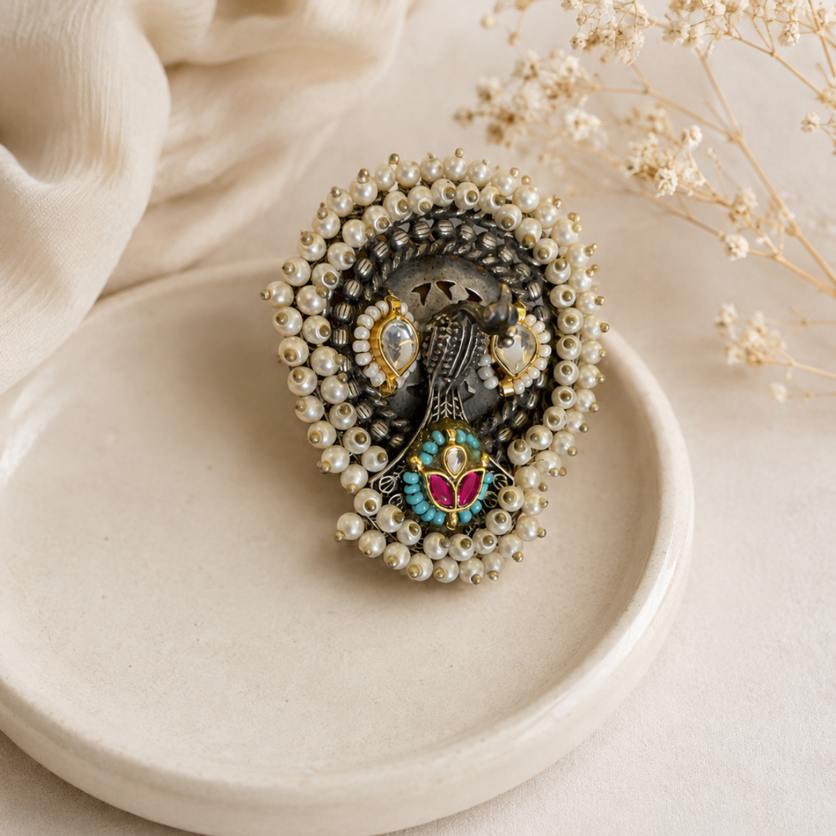Oxidised Silver Peacock Ring with Pearl and Kundan Detailing