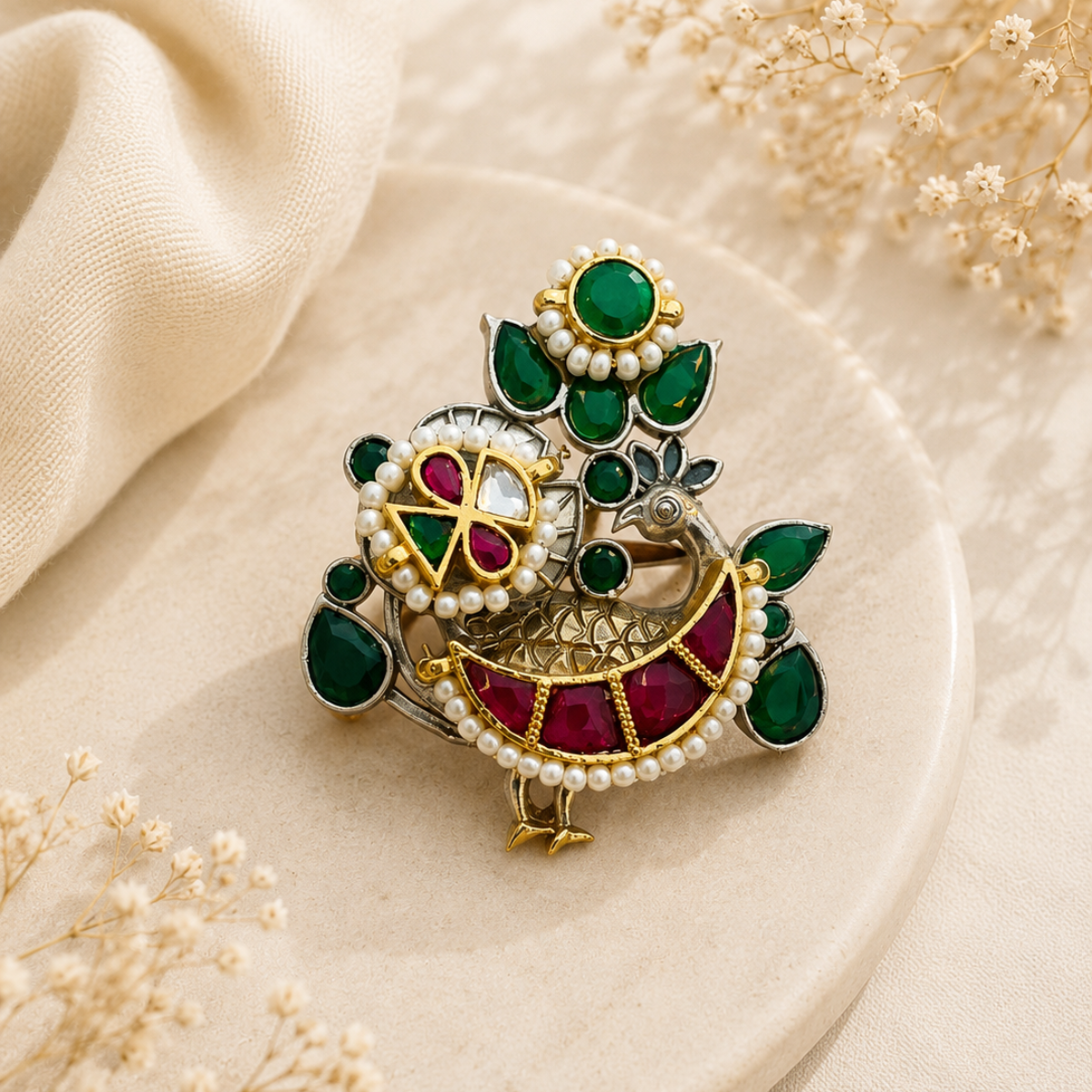 Kundan Peacock Ring with Green and Red Stones