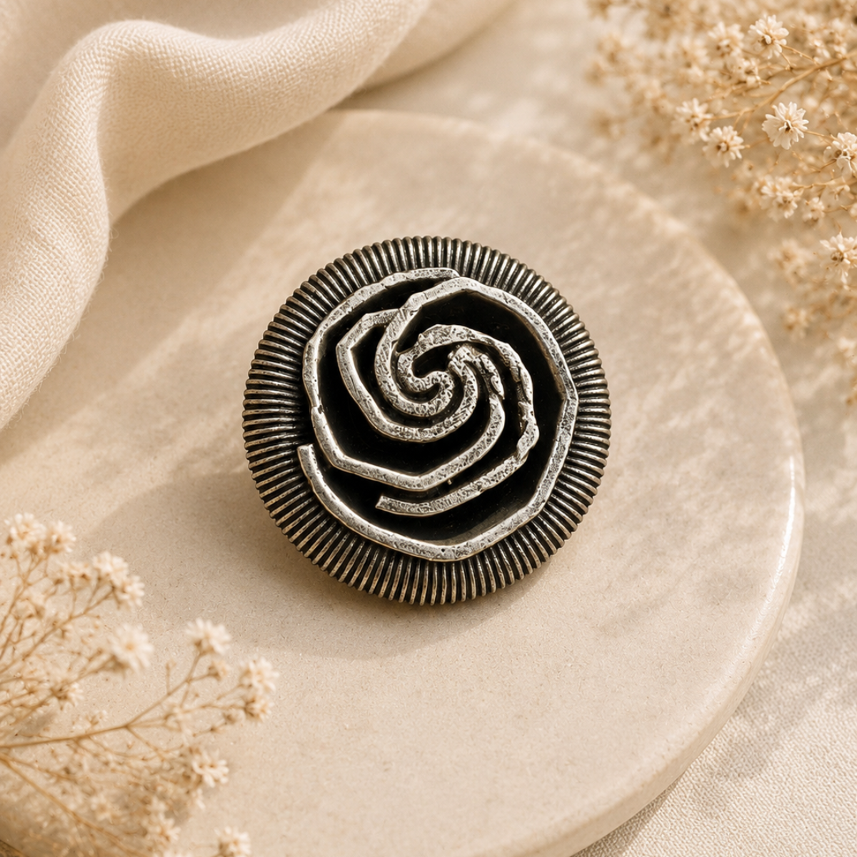 Oxidised Silver Spiral Motif Ring