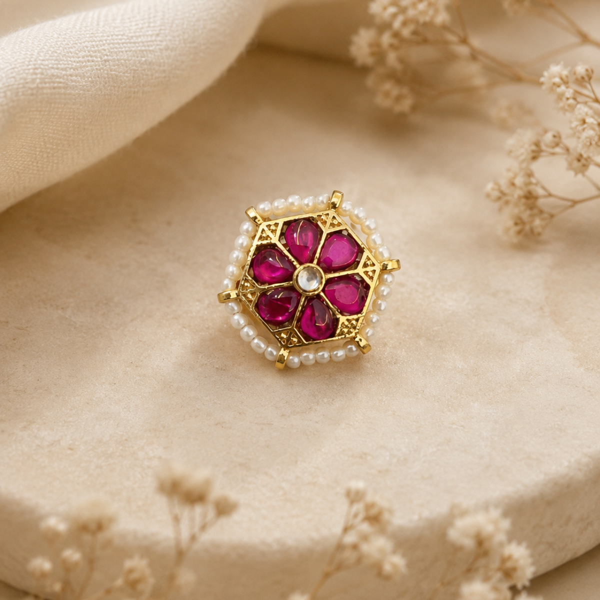 Kundan Floral Gold-Tone Ring with Pearl Border