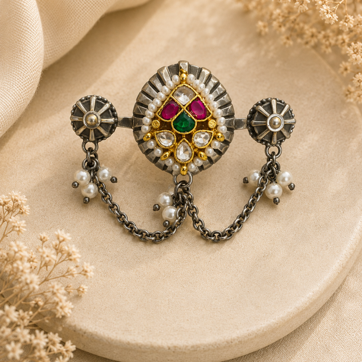 Kundan and Pearl Dual Chain Ring