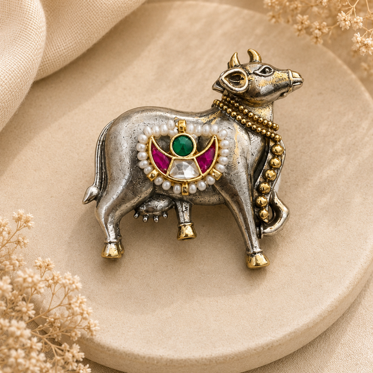 Oxidised Silver Cow Ring with Kundan and Pearl Detailing