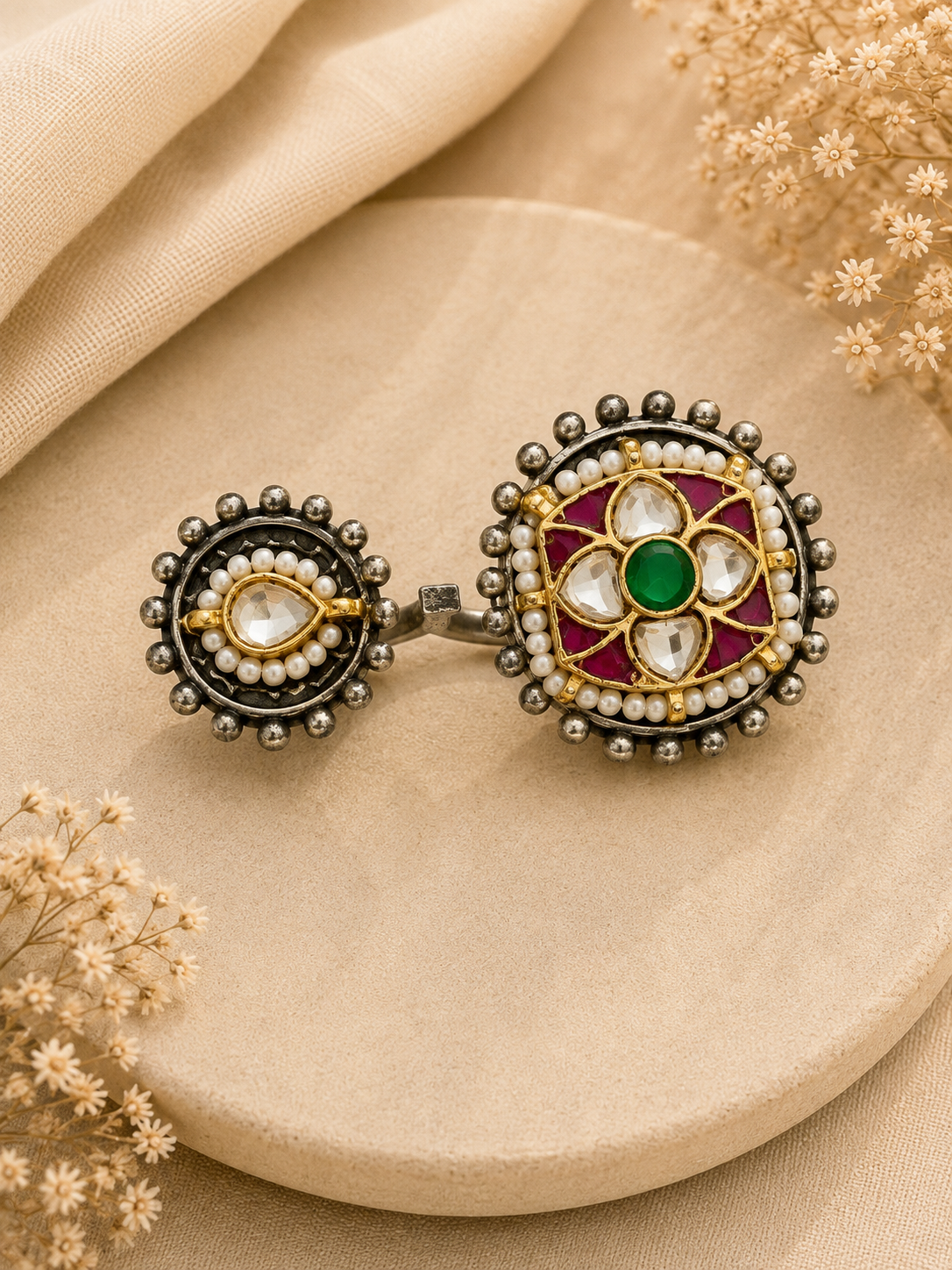 Kundan and Pearl Adjustable Silver-Tone Ring