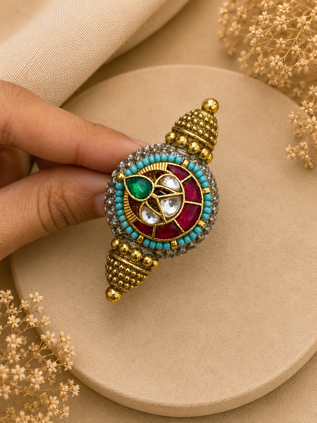 Kundan Meenakari Statement Ring with Turquoise Beads