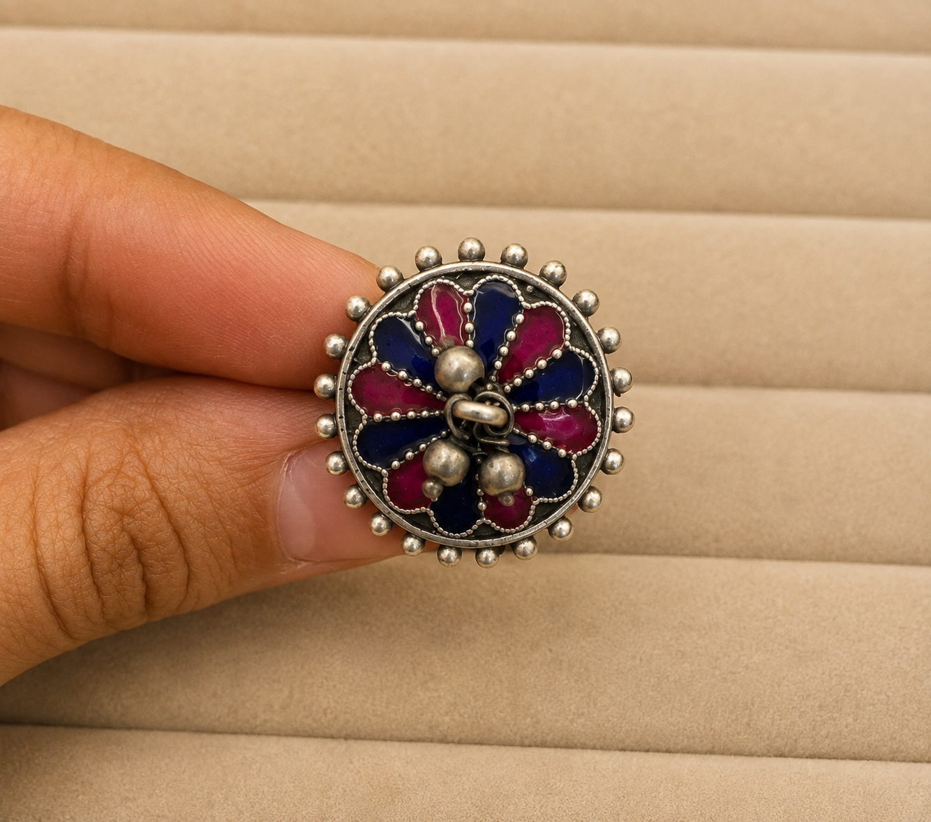 Oxidised Silver Floral Statement Ring with Blue and Pink Enamel
